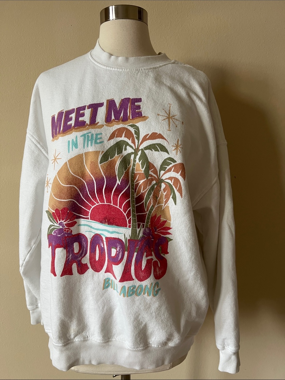 Billabong White Tropical Graphic Crewneck Sweatshirt